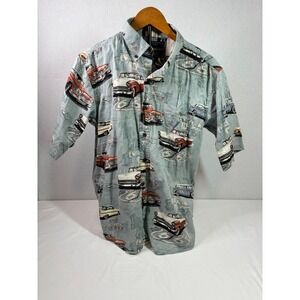 North River Mens Route 66 Vintage Car Print Button Down Shirt Blue Medium Cotton